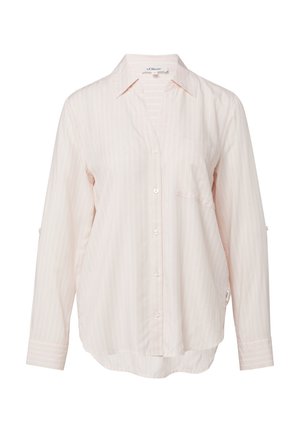 Lichtroze overhemd met lange mouwen en knopen, met subtiele verticale strepen, puntige kraag, enkele borstzak en afgeronde zoom.