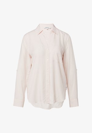 Hellrosa langärmliges Hemd mit Knöpfen, feinen vertikalen Streifen, spitzem Kragen, einer Brusttasche und abgerundetem Saum.