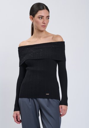 INFLUENCER, INFLUENCER PULLOVER EMBELLISHED OFF-SHOULDER PULLOVER - Pullover - black