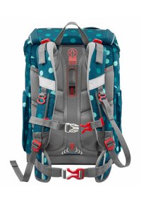 Sac à dos teal avec de grands pois verts, des bretelles et des accessoires gris, des caractéristiques ajustables et un panneau arrière rembourré pour le confort.