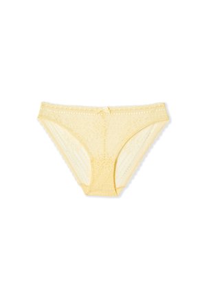 Blassgelbe Spitzen-Bikini-Unterwäsche für Damen mit gewellten Kanten und einer kleinen Schleife an der vorderen Taillenmitte.