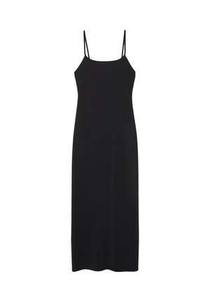 Schwarzes ärmelloses Maxikleid mit dünnen Spaghettiträgern und geradem Ausschnitt, vor weißem Hintergrund präsentiert.