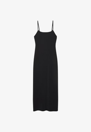 Robe maxi noire sans manches avec fines bretelles spaghetti et un décolleté droit, présentée sur un fond blanc.
