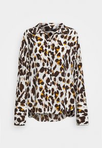 Blus med lång ärm och leopardmönster i brunt, svart och senapsgult på vit bakgrund. Har krage och knappar.