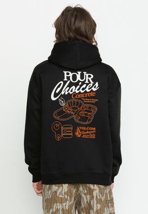 Black hoodie with orange graphic text and designs on the back. Features a large logo, abstract shapes, and stitching details. Durable fabric.