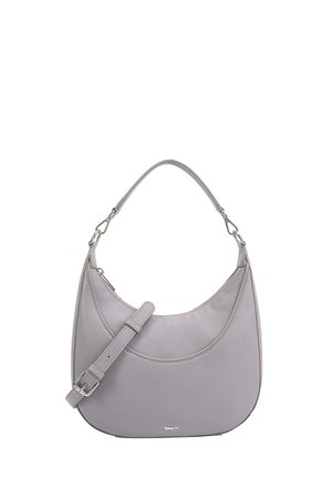 Gray leather shoulder bag with a crescent shape, adjustable strap, and smooth texture. Features a sleek design and subtle stitching details.