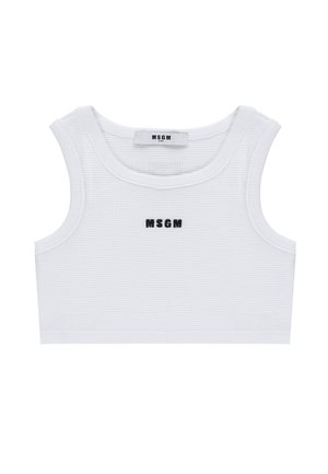 Biały, bezrękawnik, krótki sweter z teksturowanym wzorem i czarnym logo "MSGM" umieszczonym na środku z przodu.