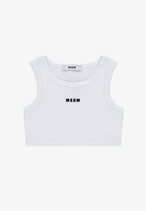 Biały, bezrękawnik, krótki sweter z teksturowanym wzorem i czarnym logo "MSGM" umieszczonym na środku z przodu.