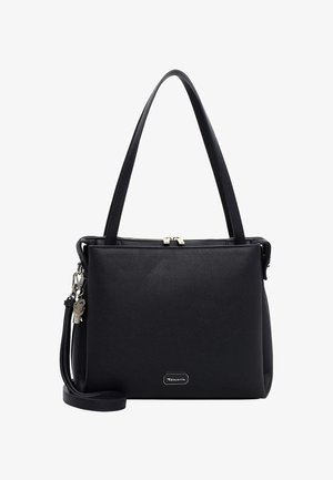 Czarna torebka na zamek błyskawiczny, z dwoma paskami na ramię, wykonana z gładkiej sztucznej skóry o fakturze, z bocznym breloczkiem i srebrną metalową tabliczką z logo.