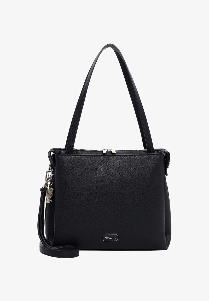 Borsa nera con chiusura a zip, due tracolle, ecopelle liscia al tatto, portachiavi laterale e placchetta con logo argentata.