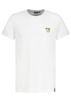 Weißes T-Shirt mit kurzen Ärmeln und kleiner, auf der linken Brust gestickter Cocktailglas mit Zitronenscheibe, Minzblättern und Strohhalm.
