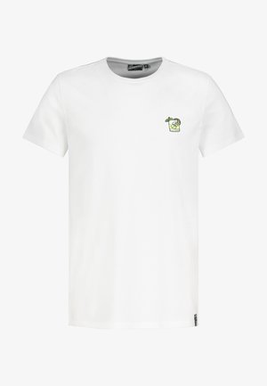 White short-sleeve t-shirt with small embroidered cocktail glass featuring a lemon slice, mint leaves, and a straw on the left chest.