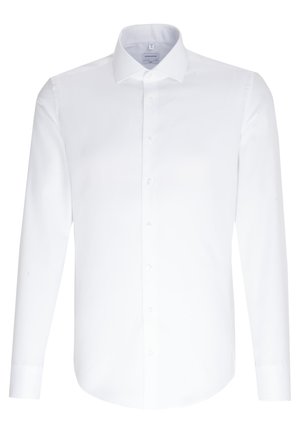 Witte langsluiting shirt gemaakt van soepel katoen, met een klassieke kraag en knopenlijst aan de voorkant. Geen patronen of accenten zichtbaar.