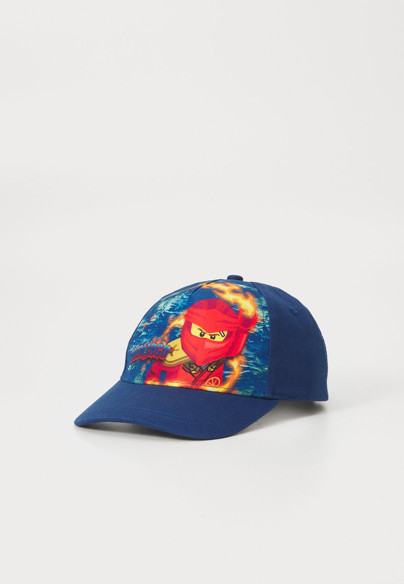 Blue cotton cap featuring a colorful graphic of a ninja character, with flames and water designs. Structured brim and adjustable strap at the back.
