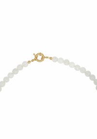 Klarer Perlen-Halsreifen mit glänzender Oberfläche, ausgestattet mit einem goldfarbenen Verschluss. Die runden Perlen sind einheitlich in der Größe und sorgen für ein glattes, harmonisches Erscheinungsbild.