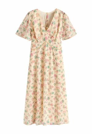 Cream midi dress with pink floral pattern, V-neck, short flutter sleeves, and decorative seam detail under bust.