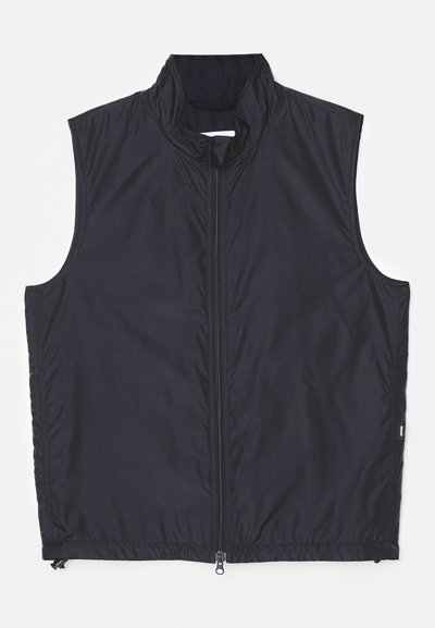 Black sleeveless vest with high collar, zip front, made of lightweight fabric, featuring a smooth texture and simple design.