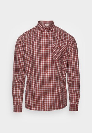 Langärmliges Hemd mit Knöpfen in Rot, Weiß und Marineblau kariert, mit Brusttasche und spitzem Kragen.