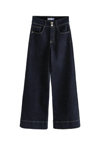 Pantaloni din denim cu tăietură largă, de culoare bleumarin închis, cu talie înaltă, două buzunare frontale și tiv pliat. Prezintă închidere cu nasture metalic și cusături în contrast.