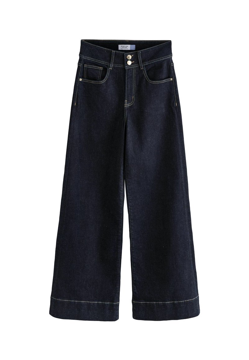 Pantaloni din denim cu tăietură largă, de culoare bleumarin închis, cu talie înaltă, două buzunare frontale și tiv pliat. Prezintă închidere cu nasture metalic și cusături în contrast.