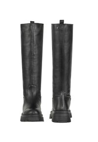 Czarne skórzane kozaki do kolan o gładkiej fakturze, z płaską gumową podeszwą i minimalnym wykończeniem. Posiadają szew z tyłu oraz uchwyty dla łatwego zakładania.