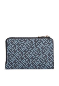 Ναυτικό πορτοφόλι με ανοιχτό μπλε γεωμετρικό σχέδιο, κλείσιμο με φερμουάρ και εξαρτήματα σε χρυσό τόνο. Κατασκευασμένο από υλικό με υφή, ορθογώνιο σχήμα.