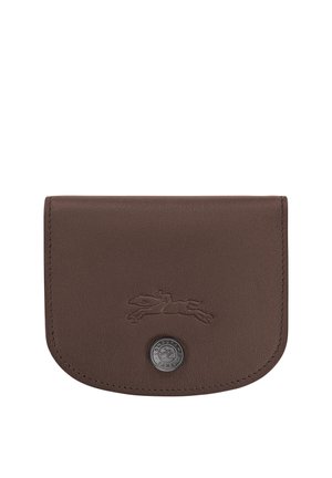 Brown leather wallet with embossed running dog logo and a circular branded metal button closure on front flap.