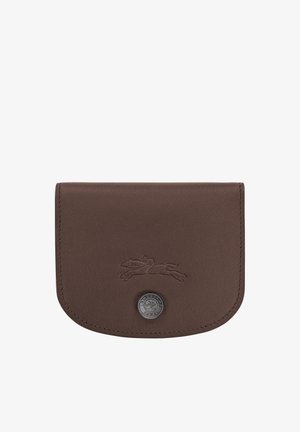 Brown leather wallet with embossed running dog logo and a circular branded metal button closure on front flap.