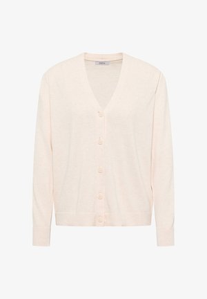 Světle růžový kardigan vyrobený z jemně pleteného materiálu, s výstřihem do V, zapínáním na knoflíky, dlouhými rukávy a ribbovaným lemem a manžetami.