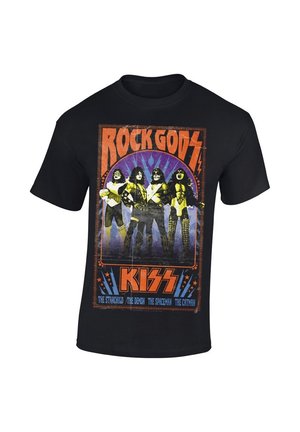 T-shirt en coton noir présentant un graphisme coloré de quatre figures représentant le groupe KISS, avec le texte "DIEUX DU ROCK" au-dessus.