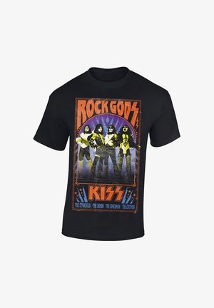 Schwarzes Baumwoll-T-Shirt mit einem bunten Grafikmotiv von vier Figuren, die die Band KISS repräsentieren, mit dem Schriftzug "ROCK GÖTTER" darüber.