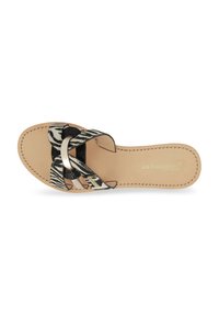 Black and white patterned slide sandal with a woven strap, metallic accent, and a leather footbed. Flat design with a rounded toe.