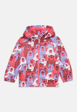Veste pour enfants avec un motif d'ours coloré en rose, violet et rouge. Elle possède une capuche, une fermeture éclair frontale et des poignets élastiques.