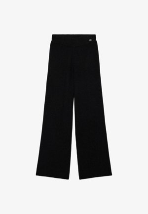 Schwarze weit geschnittene Hosen mit einer glatten Stoffstruktur und einem hohen Bund. Besitzt ein kleines Logo-Accessoire am hinteren Bund.