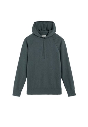 Sudadera con capucha de manga larga en gris oscuro, con cordones frontales y puños y dobladillo acanalados, mostrada sobre un fondo blanco.