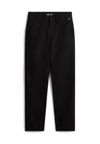 Schwarze Baumwollhosen mit klassischem Design, Reißverschluss und seitlichen Taschen; glatte Textur mit geradem Bein.