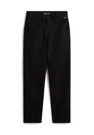 Pantaloni in cotone neri con un design classico, chiusura con zip e tasche laterali; texture liscia con taglio dritto.