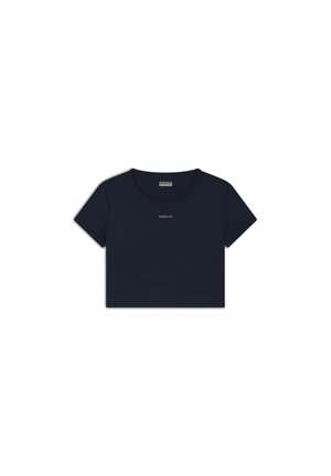 Navy blue cropped t-shirt with short sleeves. Features a round neckline and 'FREDDY' logo embroidered on the front. Smooth fabric texture.