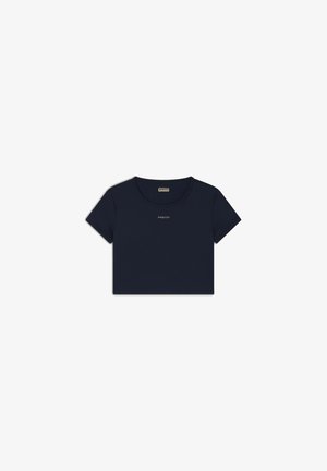 T-shirt cropped blu navy con maniche corte. Presenta un colletto rotondo e il logo 'FREDDY' ricamato sul davanti. Tessuto dalla texture liscia.