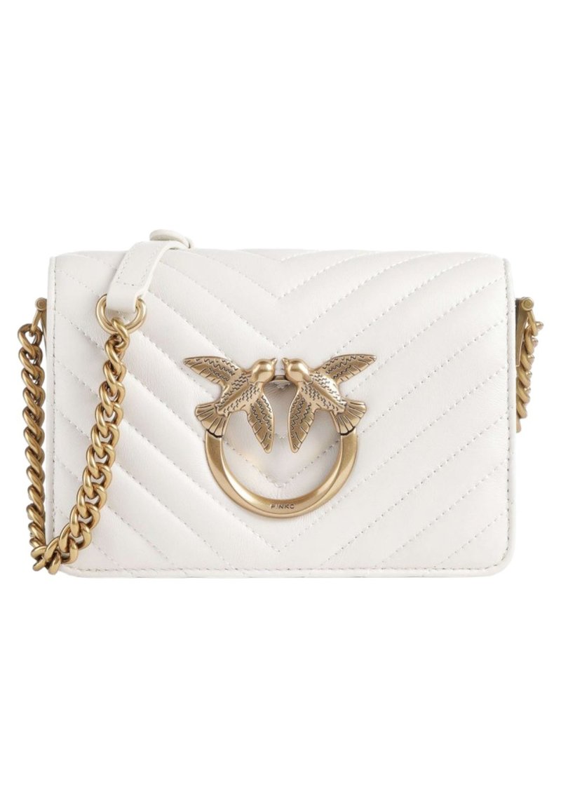 Borsa a tracolla in pelle bianca trapuntata con catena in tonalità oro, caratterizzata da un dettaglio ad anello con due uccelli come decorazioni. Forma rettangolare con motivo a zigzag.