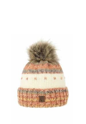Knit hat with multicolored stripes in peach, cream, and gray. Features a faux fur pom-pom and a ribbed knit cuff with a logo patch.