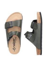 Grüne Kunstleder-Sandalen mit zwei verstellbaren Riemen und Metall-Schnallen, Korkfußbett, strukturiertem Gummisohle und "Rieker"-Markierung.