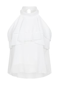 Blouse blanche sans manches avec col haut et détail de volants superposés à l'avant, en tissu léger.