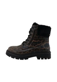 Luipaardprint enkelboots van synthetisch materiaal; voorzien van een zwarte nepbont kraag, vetersluiting aan de voorkant en een chunky zwarte zool met ribbels.