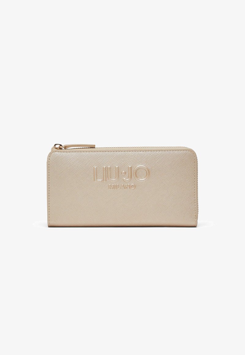 Rektangulær beige pung med lynlås, tekstureret overflade og præget "Liu Jo Milano" logo i midten på forsiden.