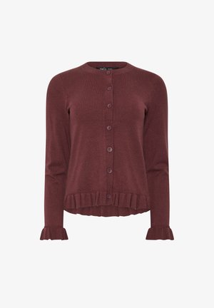 Brauner Langarm-Cardigan mit rundem Ausschnitt, Knopfleiste vorne und Rüschen an Bündchen und Saum.