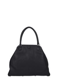 Borsa nera in pelle con forma arrotondata, superficie testurizzata, due manici superiori e dettagli in metallo argentato. Presenta cinque piedini metallici per stabilità.