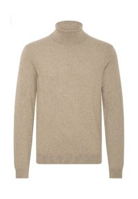 Beige garbó pulcsi puha, textúrált kötött anyagból. Hosszú ujjakkal és testhezálló, magas nyakú kialakítással rendelkezik.