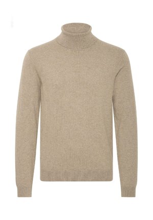 Bež pulover s turtleneck ovratnikom, izdelan iz mehkega, teksturiranega pletenega materiala. Ima dolge rokave in prilegajoč dizajn visoke ovratnice.