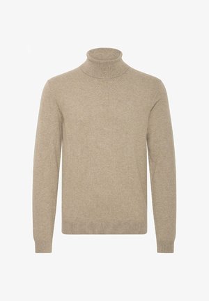 Maglione a collo alto beige realizzato in un morbido materiale a maglia testurizzato. Presenta maniche lunghe e un design aderente con collo alto.